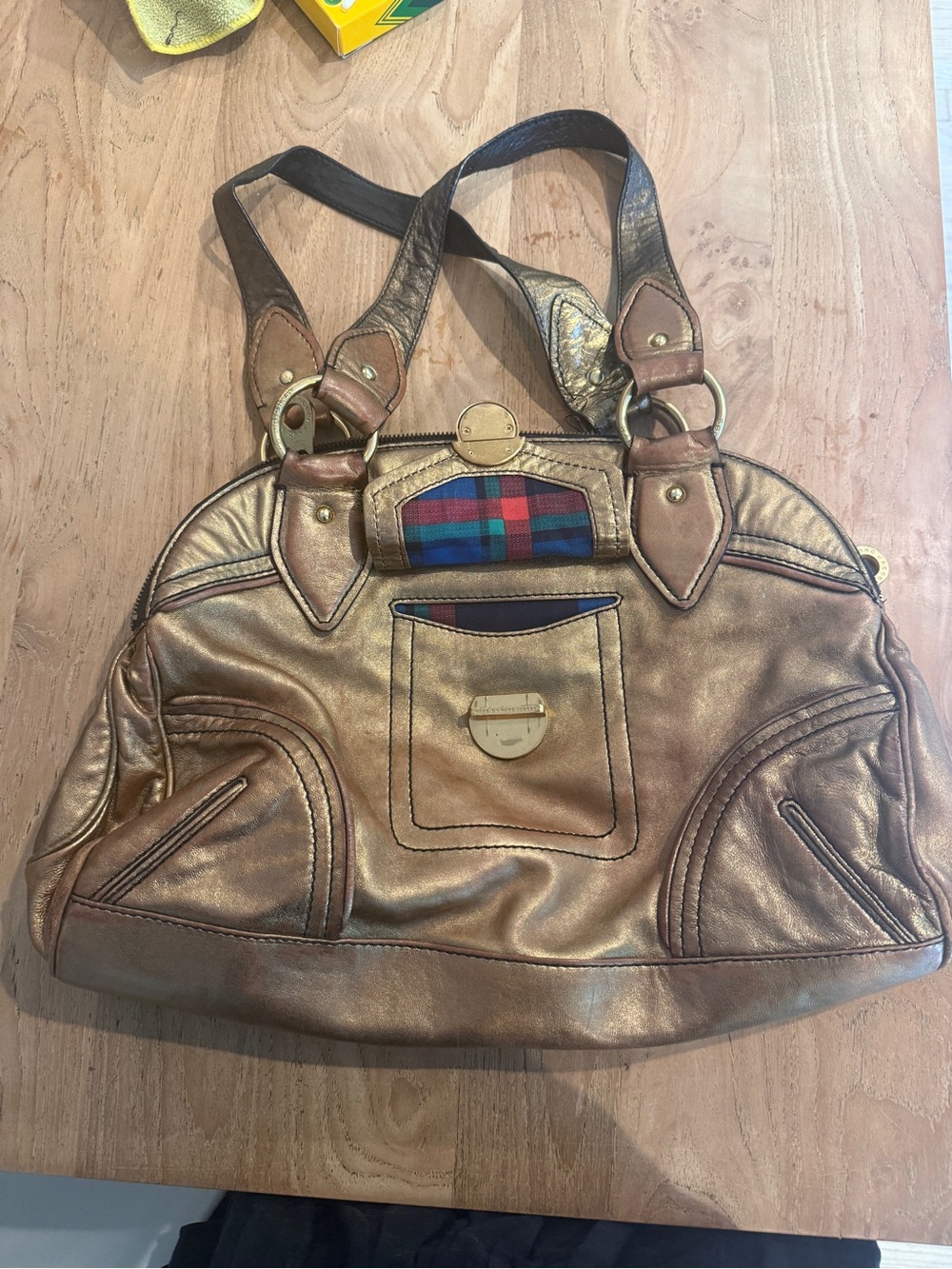 Marc By Marc Jacobs Metallic Gold Shoulder Tote with Plaid Accent